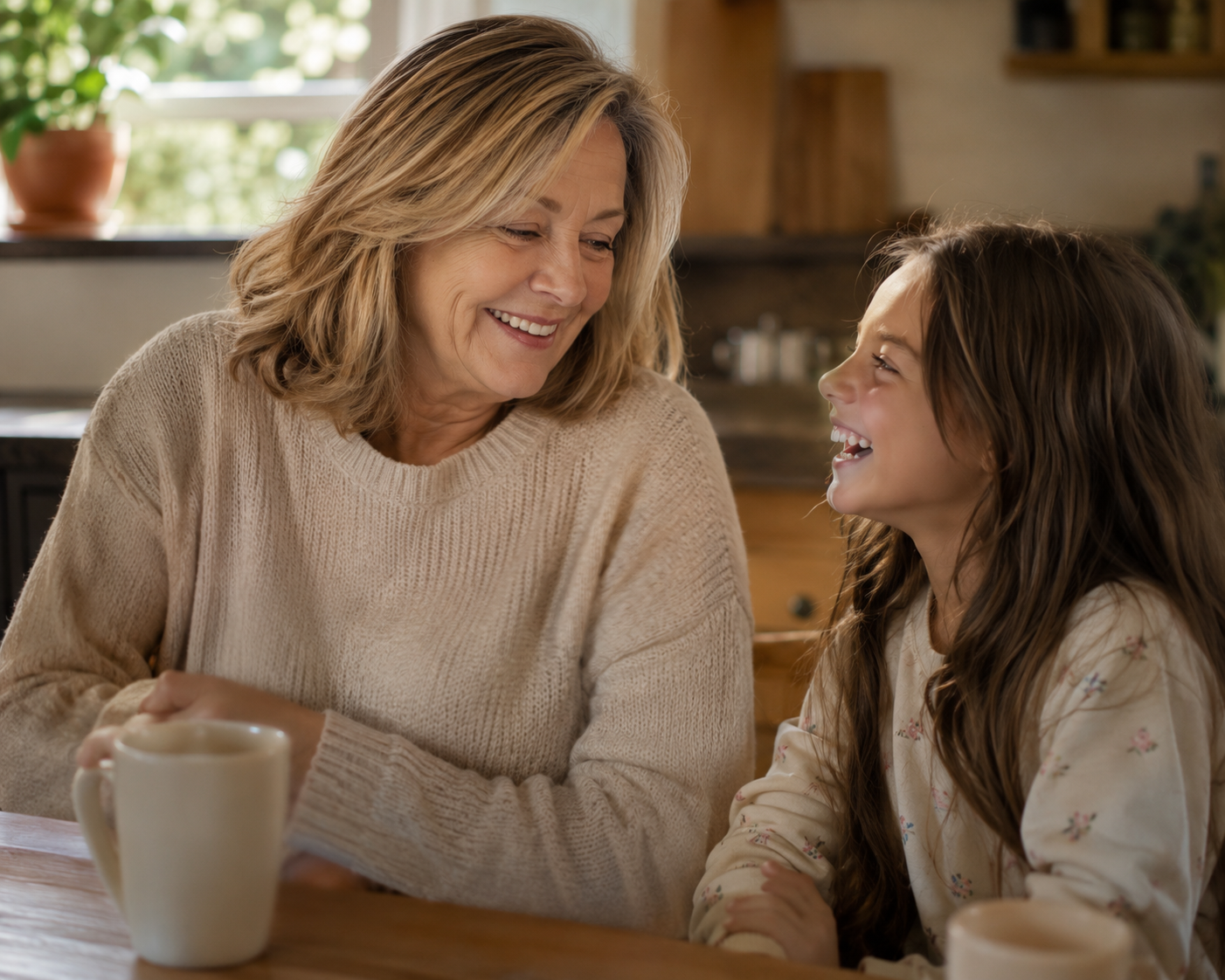 Grandmother and granddaughter laughing